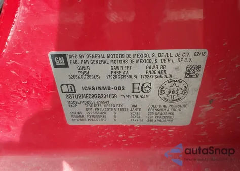 2016 GMC Sierra 1500 Sle from USA, damaged, VIN 3GTU2MEC8GG231059